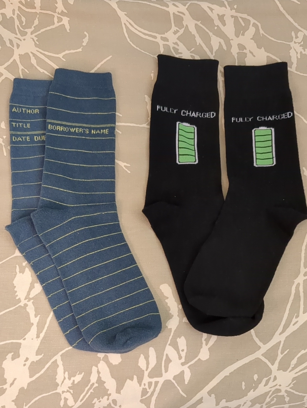 Unisex or Men's Novelty Crew Socks Library Theme + 'Fully Charged'